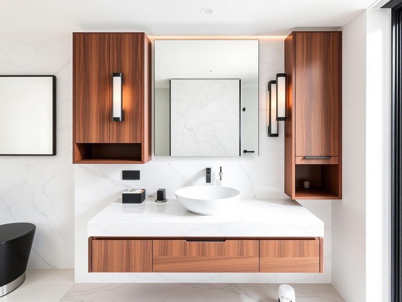 After: floating walnut bathroom vanity with white quartzite countertop, vessel sink, and matte black fixtures fabricated by Precision Stone Design