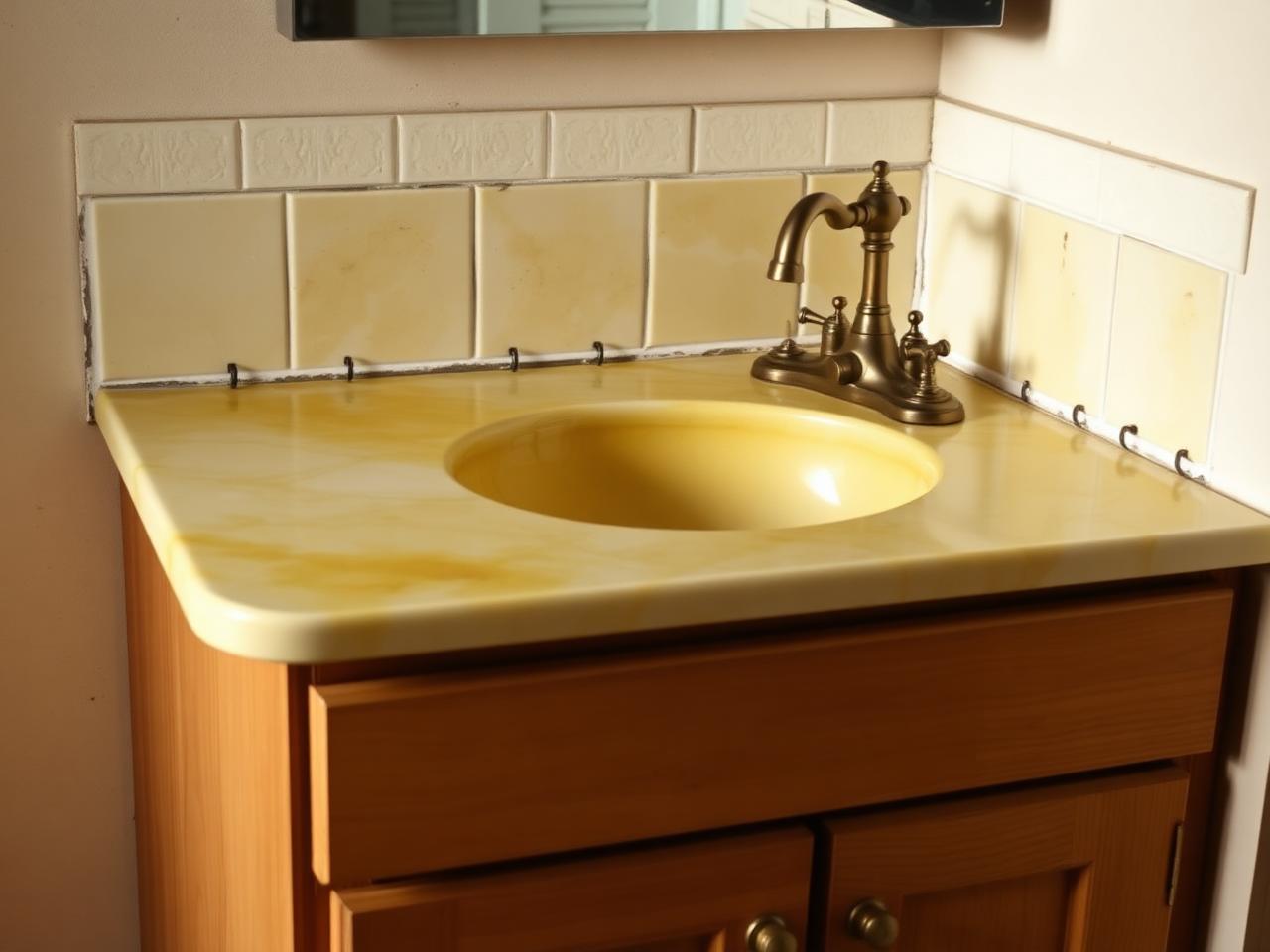 Before: dated Cary bathroom vanity with yellowed cultured marble top, builder-grade oak cabinet, and tarnished brass faucet