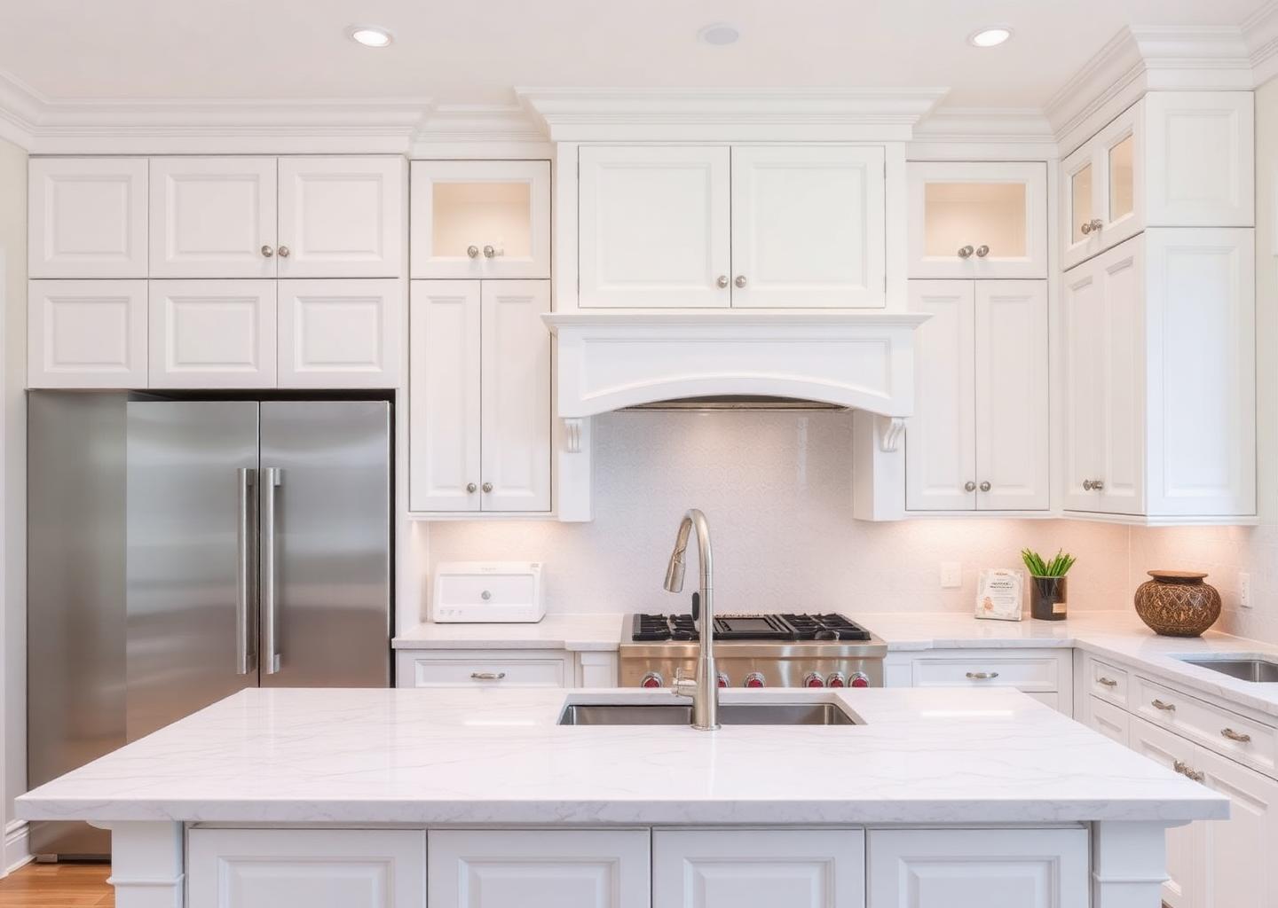 Classic white shaker custom cabinets with marble island