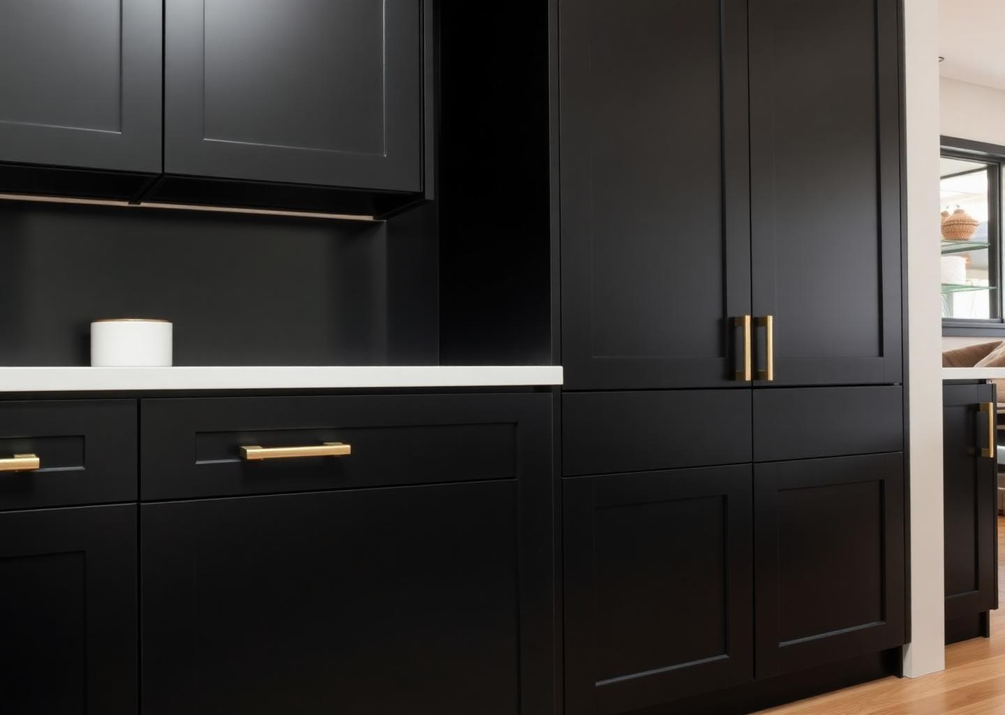 Modern matte black custom cabinets with brass handles