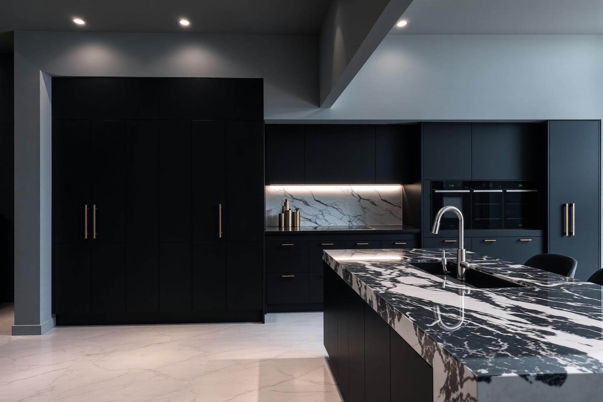 Luxury kitchen with black marble countertop and matte black cabinets