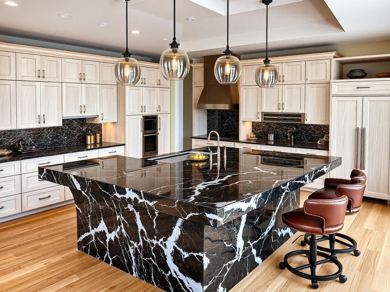 After: oversized waterfall-edge kitchen island in black granite with white veining, white oak custom cabinets, and pendant lighting by Precision Stone Design