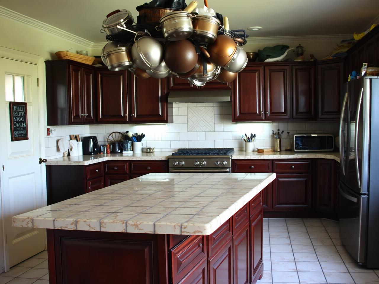 Before: dated Wake Forest kitchen island with tile-and-grout countertop, dark cherry cabinets, and overhead pot rack