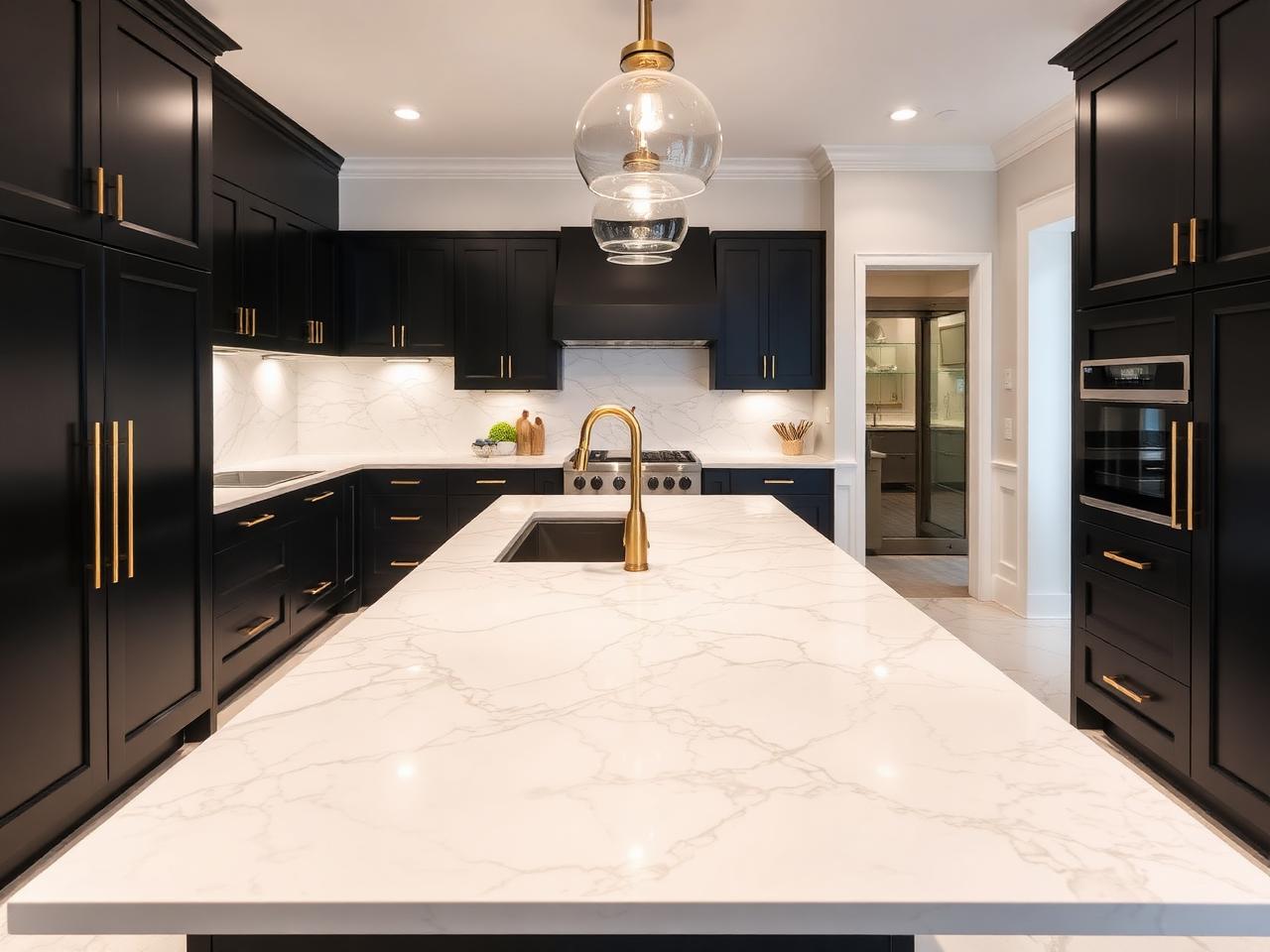 After: remodeled Raleigh kitchen by Precision Stone Design with Calacatta quartz countertops, matte black custom shaker cabinets, and brass hardware