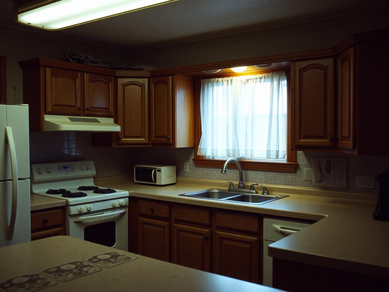 Before: dated 1990s Raleigh kitchen with worn laminate countertops and oak raised-panel cabinets under fluorescent lighting