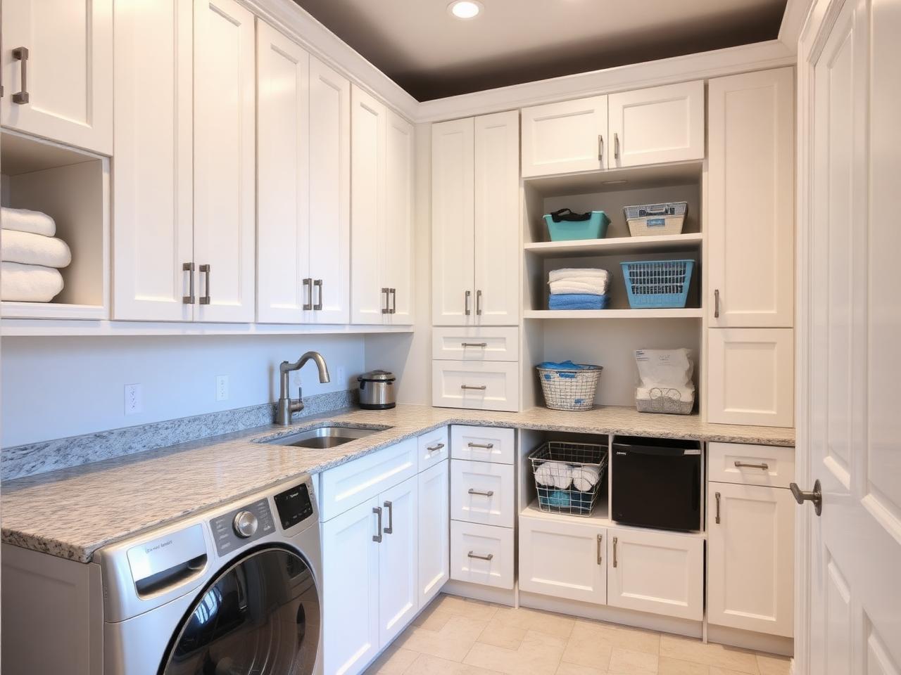After: custom white shaker laundry room cabinets with granite countertop, undermount sink, and built-in storage by Precision Stone Design