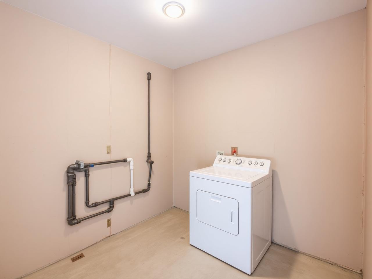 Before: unfinished Apex laundry room with bare drywall, exposed plumbing hookups, and no cabinetry