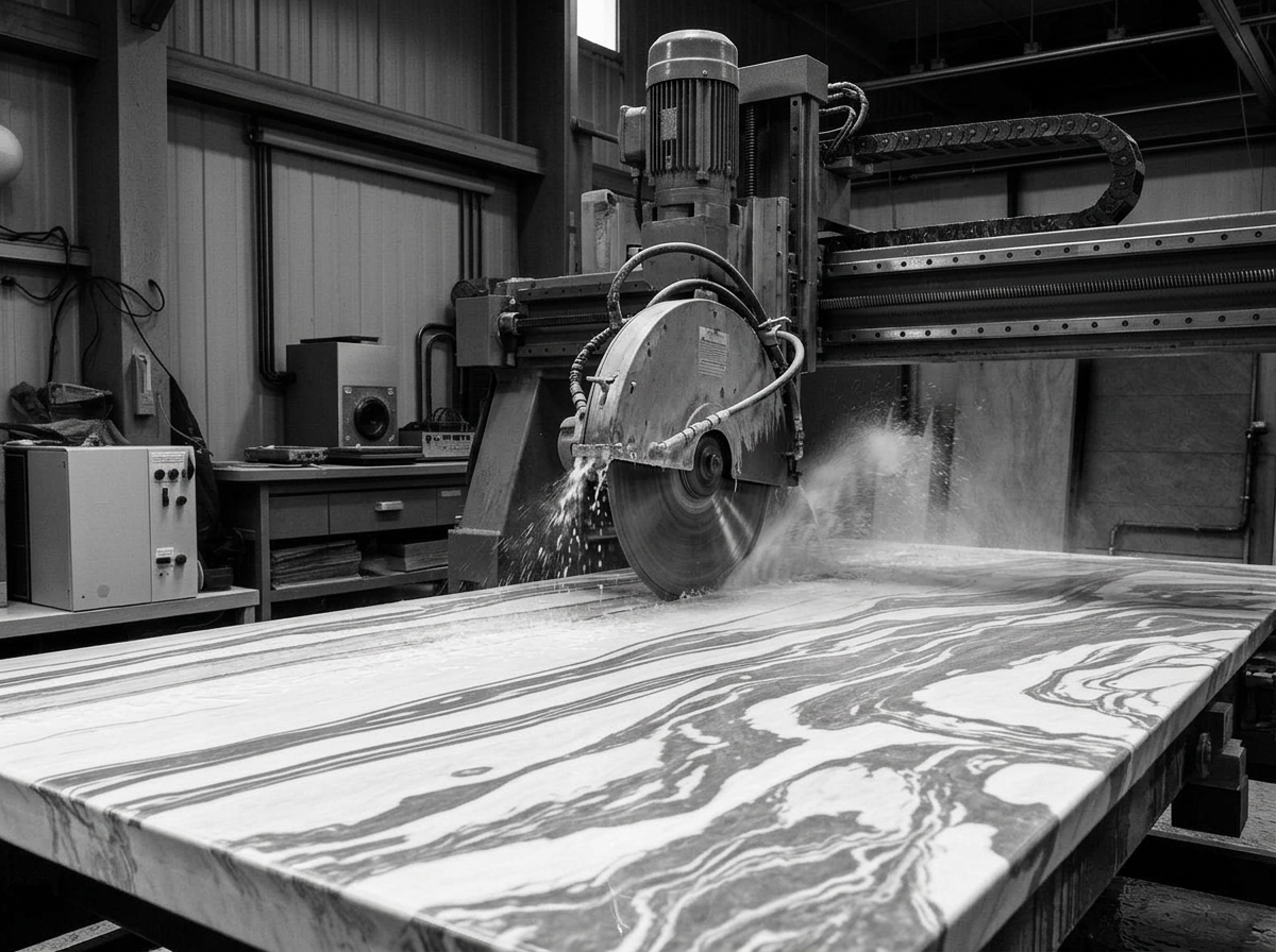 Stone fabrication shop with CNC machine cutting marble